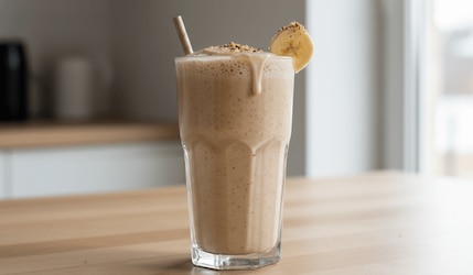 veganer Kichererbsen Protein Shake mit Banane im Glas und Strohhalm