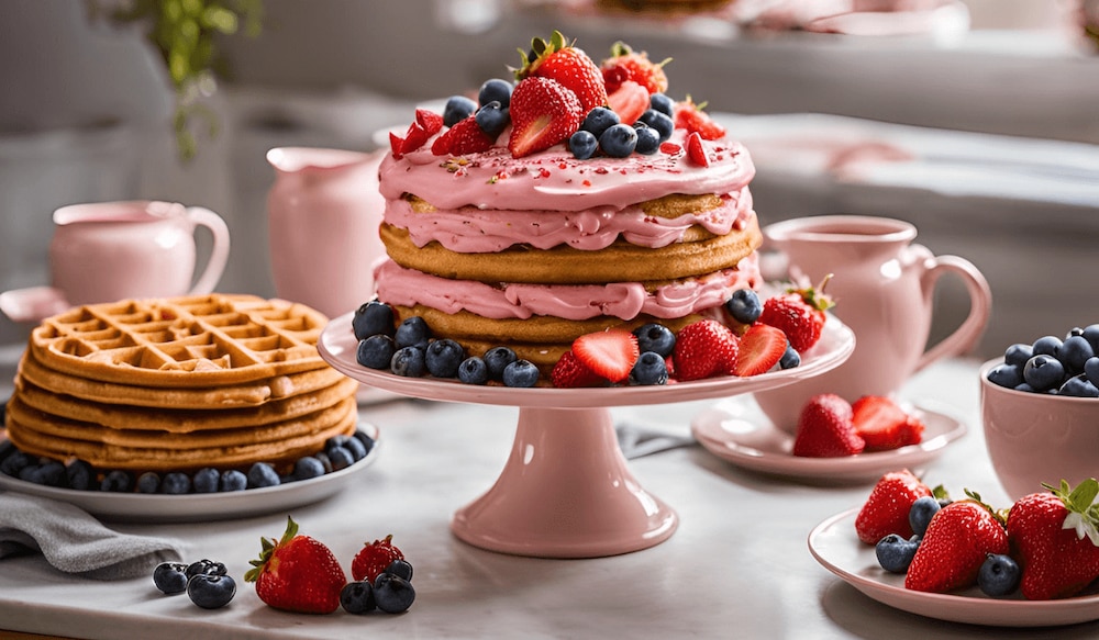 Kuchen und Waffeln mit frischem Obst dekoriert