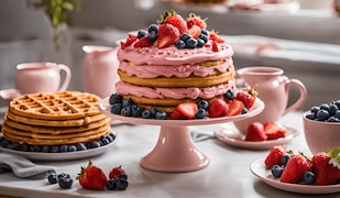 Kuchen und Waffeln mit frischem Obst dekoriert