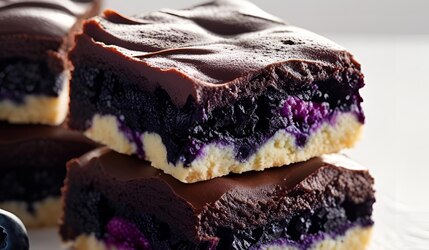 Kuchenriegel mit Schokomantel und Blaubeer Füllung in der Mitte