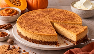 runder Kürbis Cheesecake mit Keksboden auf weißer Platte