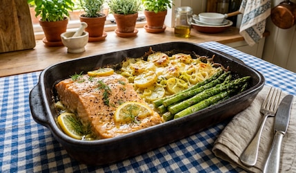 One-Tray-Rezept: Gegrillter Lachs mit cremigem Kartoffel-Lauch-Gemüse