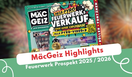 MaecGeiz Feuerwerk Prospekt 2025 2026 mit Feuerwerk im Hintergrund