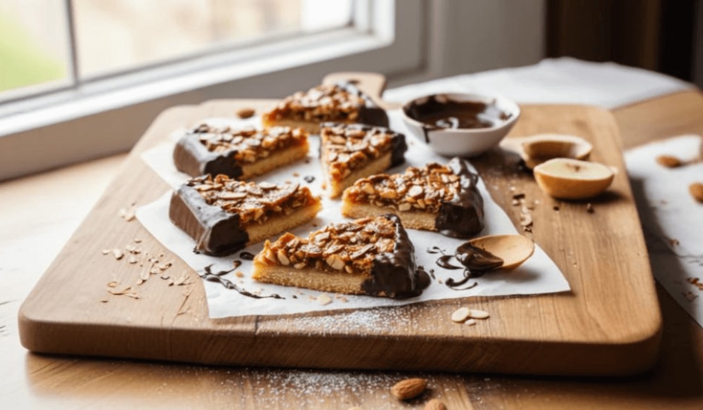 Selbstgemachte Mandelecken serviert auf einem Holzbrett