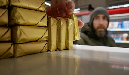 Mann greift in einem Supermarkt nach Butter