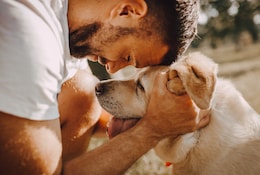 Mann streichelt einen Hund
