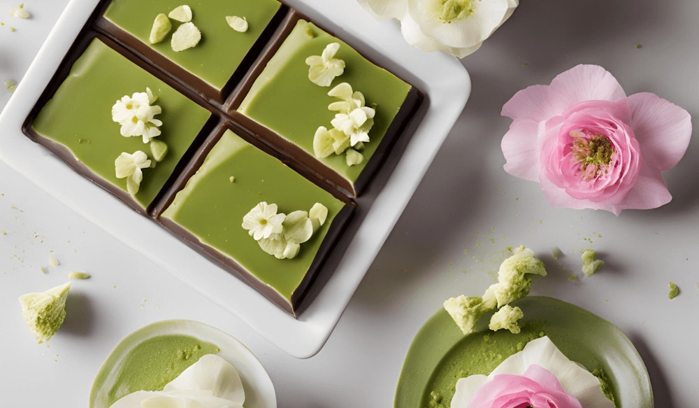 Matcha Schokolade mit Blüten