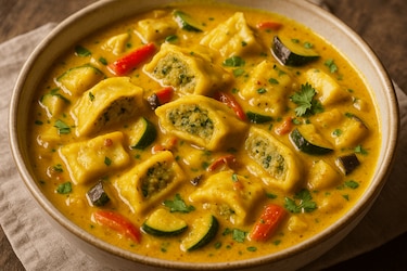 Maultaschen Curry mit Zucchini und Aubergine auf einem Teller