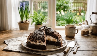 Ein frischgebackener Maulwurfkuchen serviert auf einem grauen Teller, der auf einem Holztisch steht. Daneben Kuchenbesteck und im Hintergrund ein frischgebrühter Kaffee und Pflanzen.