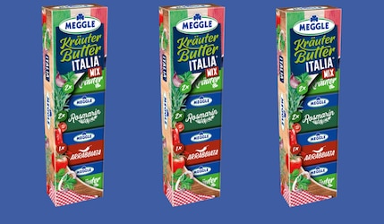 Meggle Kräuterbutter Trio Italia 2025 Packshot vor blauem Hintergrund