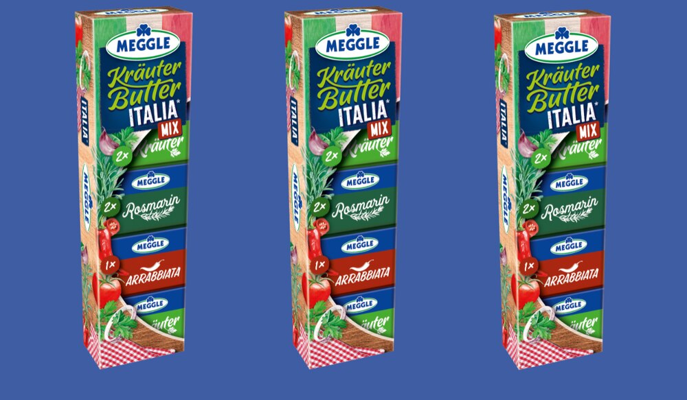 Meggle Kräuterbutter Trio Italia 2025 Packshot vor blauem Hintergrund