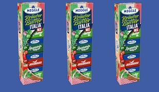 Meggle Kräuterbutter Trio Italia 2025 Packshot vor blauem Hintergrund