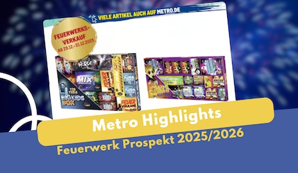 Metro Feuerwerk Prospekt 2025 2026 mit Feuerwerk im Hintergrund