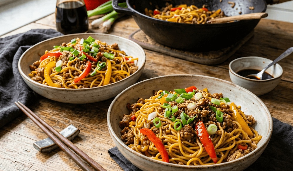Frisch zubereitete Mie-Nudelpfanne mit Hackfleisch und frischem Gemüse. Angerichtet ist sie auf zwei Tellern mit Essstäbchen und Soyassauce auf einem rustikalen, braunen Holztisch.