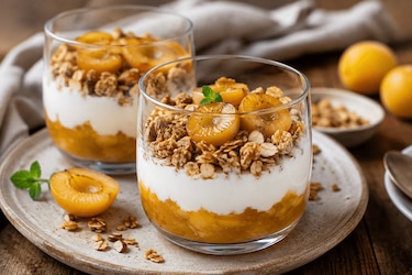 Mirabellen-Joghurt-Dessert mit Knusperhafer im Glas