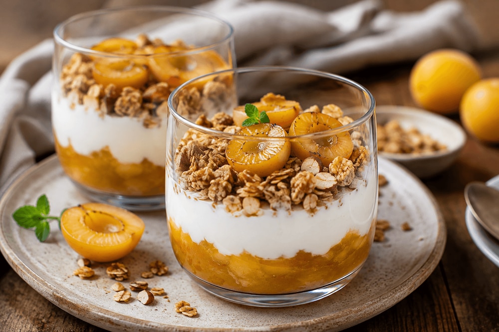 Mirabellen-Joghurt-Dessert mit Knusperhafer im Glas