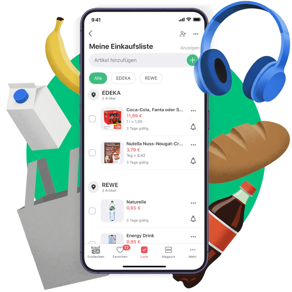 Kostenlose Einkaufslisten-Funktion in der kaufDA App - kann mit Freunden & Familie geteilt und gemeinsam bearbeitet werden