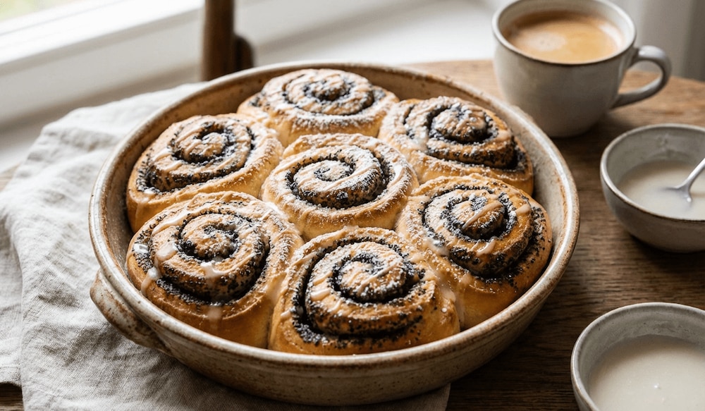 Frisch gebackene Mohnschnecken in einer Auflaufform mit einem frisch gebrühtem Kaffee auf dem Tisch