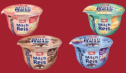 Müller Milchreis Winter-Sorten 2024 Packshots vor rotem Hintergrund