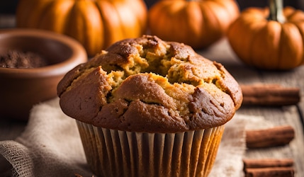 Muffin mit Kürbis im Hintergrund