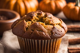 Muffin mit Kürbis im Hintergrund