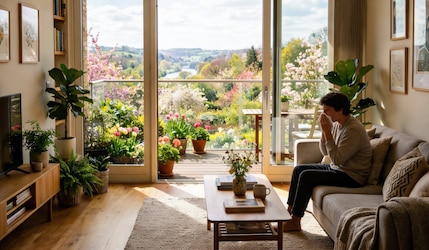 Niesender Mann in einer Wohnung im Frühling