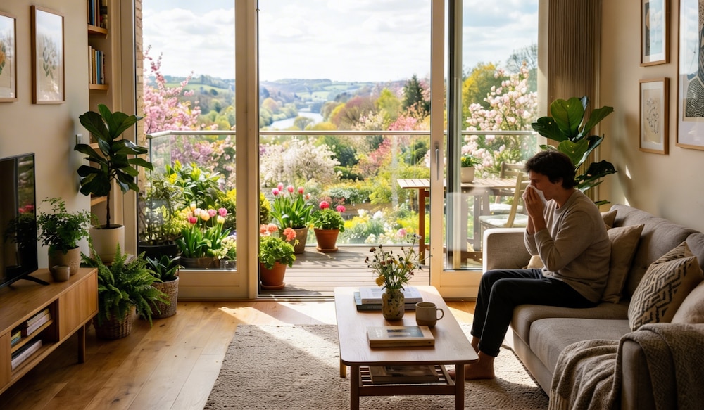 Niesender Mann in einer Wohnung im Frühling