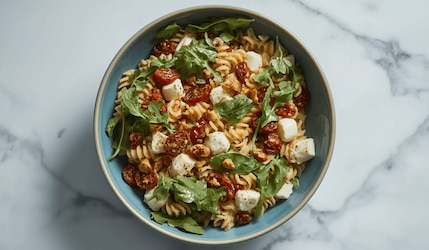 Nudelsalat mit getrockneten Tomaten, Mozzarella und Rucola