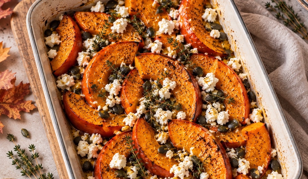Ofenkürbis mit Feta in einer weißen Aufflaufform