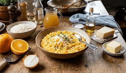 Ein tiefer Teller serviert mit einem frisch zubereitetem Orangenrisotto. Daneben stehen noch vom Kochen die genutzten Zutaten wie Orange, Zwiebeln, Parmesan, Butter, Öl und die Pfanne auf dem Herd. 