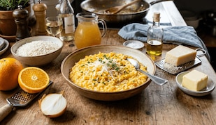 Ein tiefer Teller serviert mit einem frisch zubereitetem Orangenrisotto. Daneben stehen noch vom Kochen die genutzten Zutaten wie Orange, Zwiebeln, Parmesan, Butter, Öl und die Pfanne auf dem Herd.