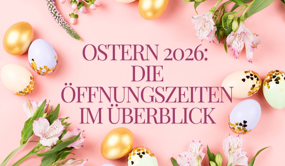 Ostereier mit Glitzer und Frühnlingsblumen vor rosa Hintergrund mit Schrift zu Oster-Öffnungszeiten