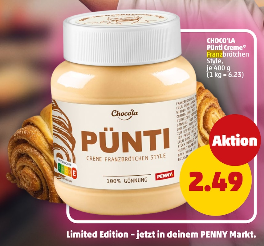 Penny Pünti Franzbrötchen Creme im Prospekt 02.11.2026.