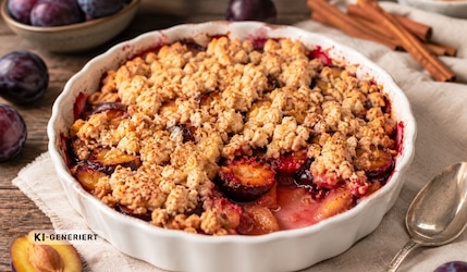 Schneller Pflaumen-Crumble mit Zimt: Einfaches Rezept mit knusprigen Streuseln