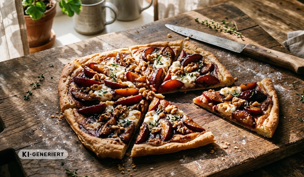 Flammkuchen mit Pflaumen, Ziegenkäse und Honig: Süß-herzhaftes Rezept Flammkuchen mit Pflaumen, Ziegenkäse und Honig: Süß-herzhaftes Rezept