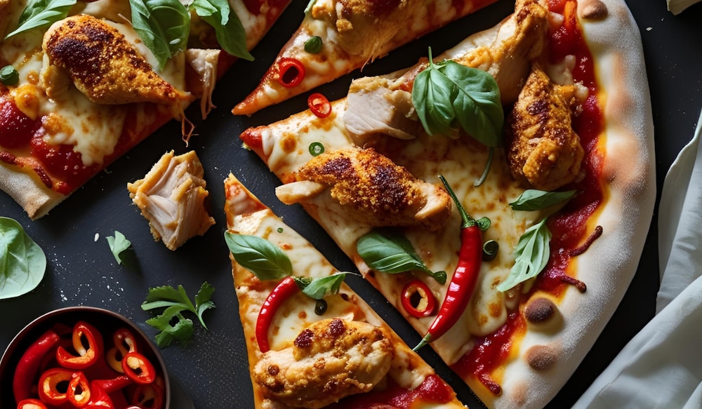 Pizza Stücken mit Chili, Chicken und Basilikum