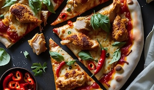 Pizza Stücken mit Chili, Chicken und Basilikum
