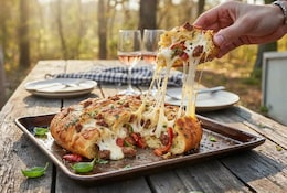 Pizza Zupfbrot wird von einer Männerhand zerrissen