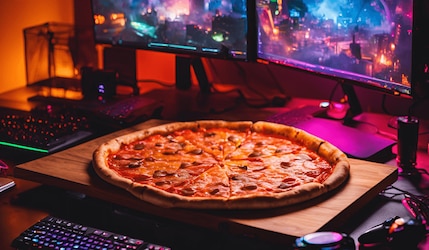 Pizza mit Gaming Setup im Hintergrund