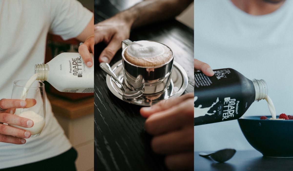 Precision Milk pur im Glas, in Kaffee und im Müsli