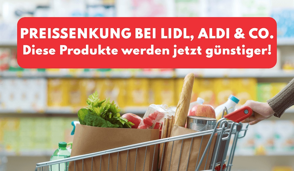 Preissenkung bei Lidl, ALDI, NORMA 28.04.2025 Header Image mit Einkaufswagen im Supermarkt