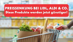 Preissenkung bei Lidl, ALDI, NORMA 28.04.2025 Header Image mit Einkaufswagen im Supermarkt