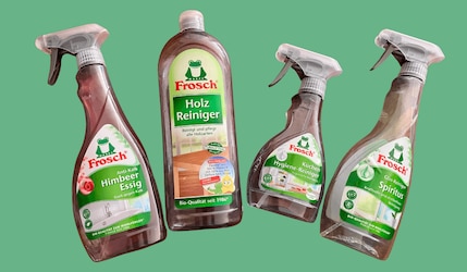 Produkte von Frosch vor grünem Hintergrund