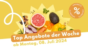 Prospekt Highlights ab Montag, 8. Juli 2024 Header mit gelbem Hintergrund und Schrift