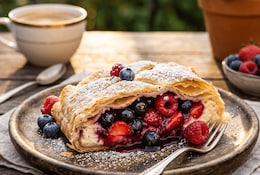 Saftiger Quarkstrudel mit Beerenmischung serviert auf einem Teller mit einem frisch gebrühtem Kaffee