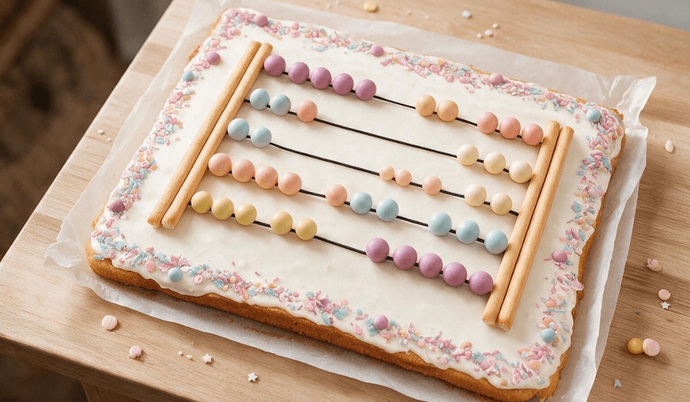 Ein Rechentfafelkuchen zur Einschulung schön dekoriert