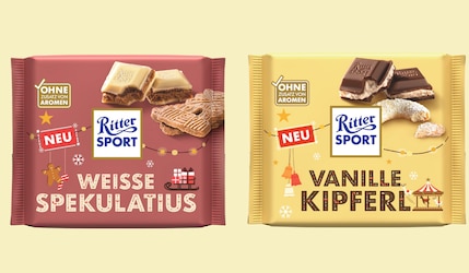 Ritter Sport Winter Edition 2025 Packshots vor gelbem Hintergrund