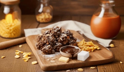 Selbstegemachte Schoko Crossies auf einem Holzbrett serviert