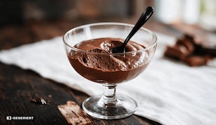 Selbstgemachtes Schokoladen-Kaffee-Mousse angerichtet in einem Dessertglas mit Löffel