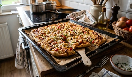 Schüttelpizza auf einem Backblech in einer Küche